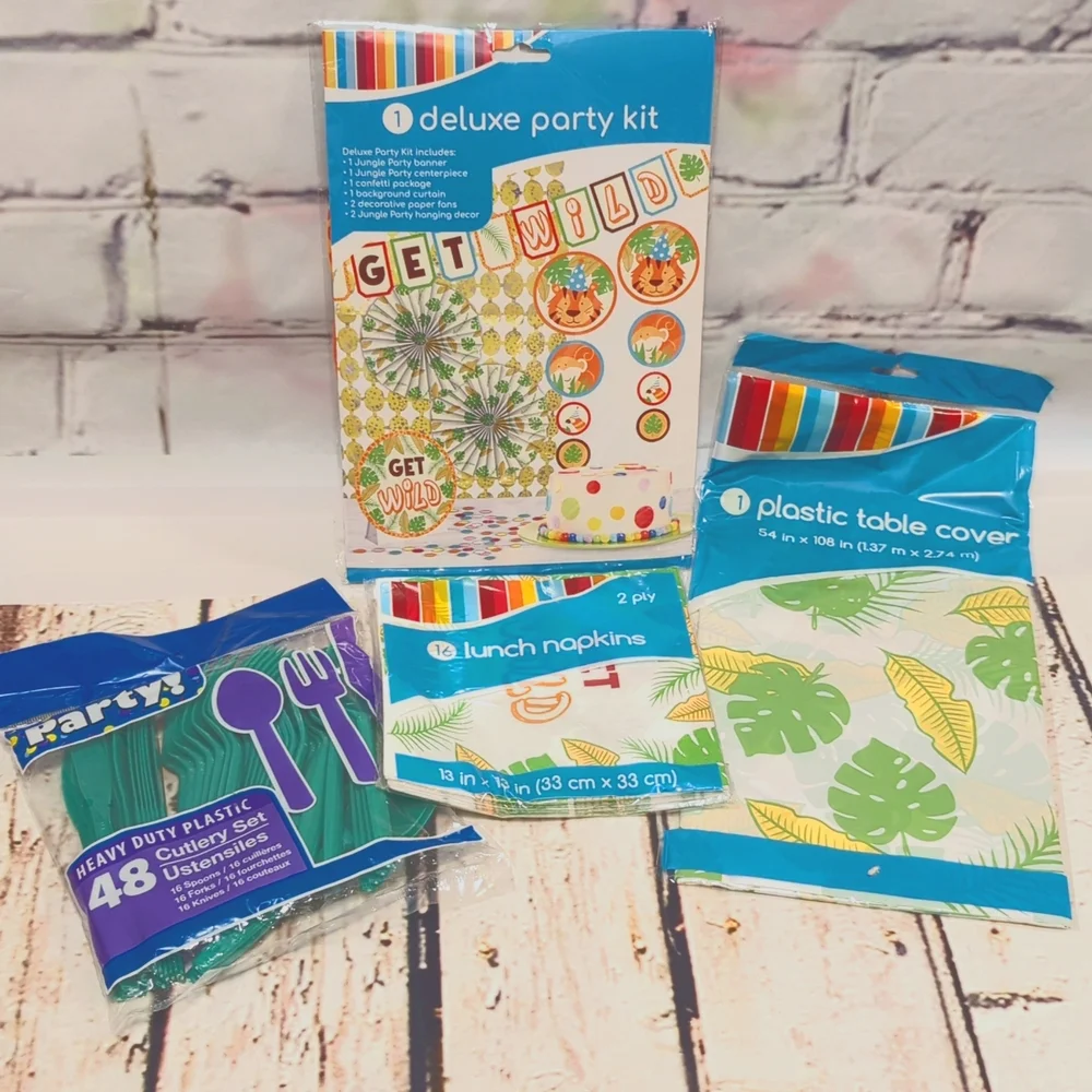 Get Wild‎ Themed Deluxe Party Kit with Napkins, Table Cover, Plastic Cutlery NWT